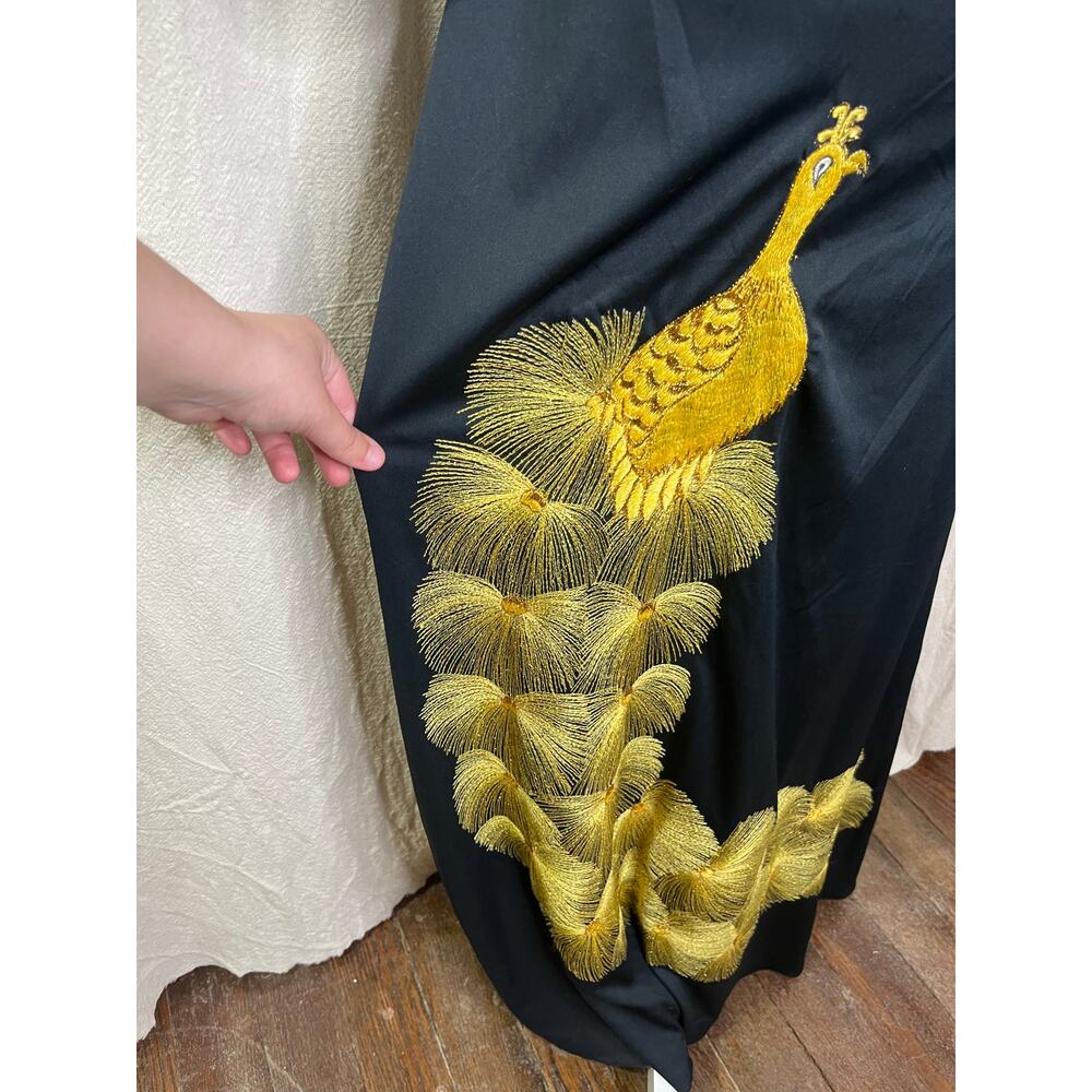 1960s Handmade Black Gold Thread Oriental Peacock Bird Mod Asian Maxi Dress M - Picture 3 of 14